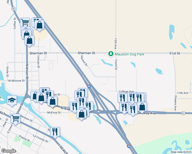 map of restaurants, bars, coffee shops, grocery stores, and more near 880 Herriot Drive in Mauston