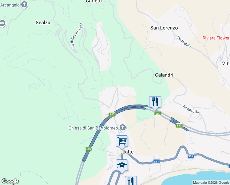 map of restaurants, bars, coffee shops, grocery stores, and more near 16 Località Casette in Latte