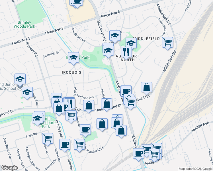 map of restaurants, bars, coffee shops, grocery stores, and more near 56 Silversted Drive in Toronto