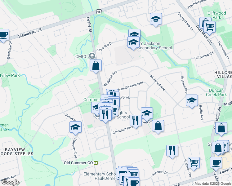 map of restaurants, bars, coffee shops, grocery stores, and more near 25 Threadneedle Crescent in Toronto