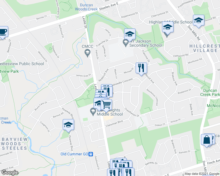 map of restaurants, bars, coffee shops, grocery stores, and more near 25 Threadneedle Crescent in Toronto