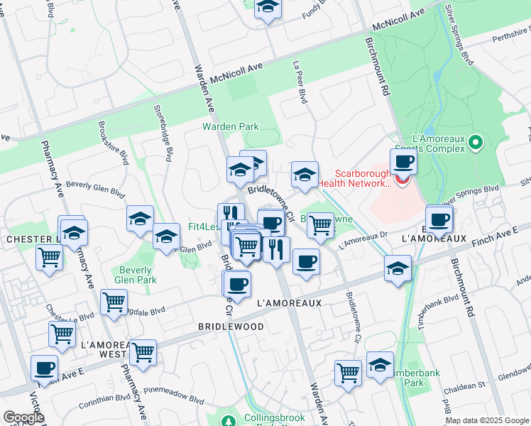 map of restaurants, bars, coffee shops, grocery stores, and more near 2350 Bridletowne Circle in Toronto