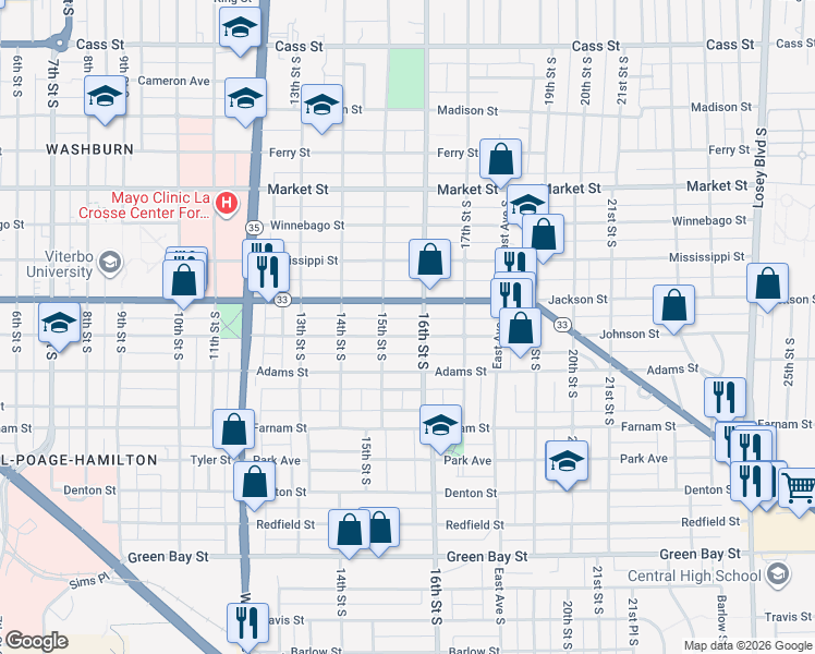 map of restaurants, bars, coffee shops, grocery stores, and more near 1110 16th Street South in La Crosse