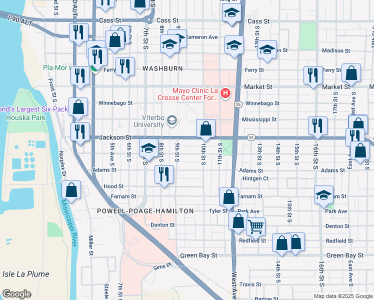 map of restaurants, bars, coffee shops, grocery stores, and more near 931 10th Street in La Crosse