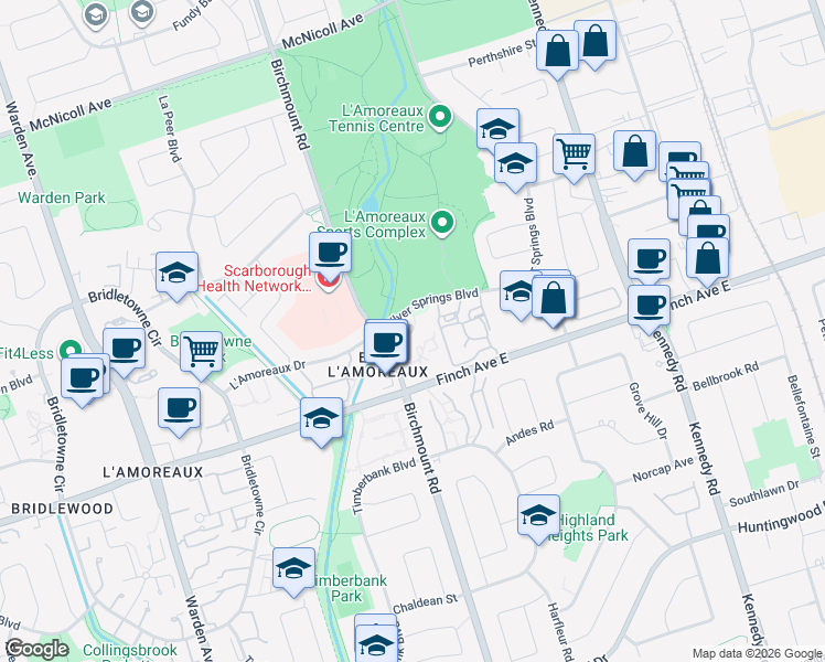 map of restaurants, bars, coffee shops, grocery stores, and more near 45 Silver Springs Boulevard in Toronto