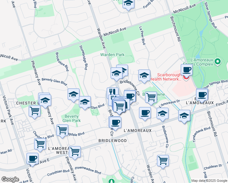 map of restaurants, bars, coffee shops, grocery stores, and more near 3020 Bridletowne Circle in Toronto