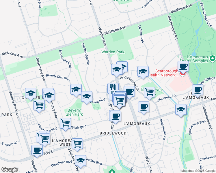 map of restaurants, bars, coffee shops, grocery stores, and more near 3020 Bridletowne Circle in Toronto