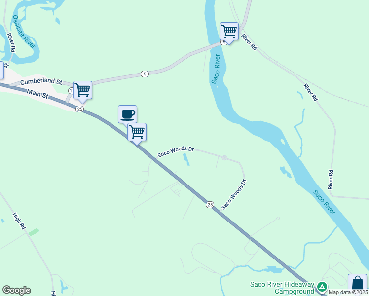 map of restaurants, bars, coffee shops, grocery stores, and more near Saco Woods Dr in Cornish