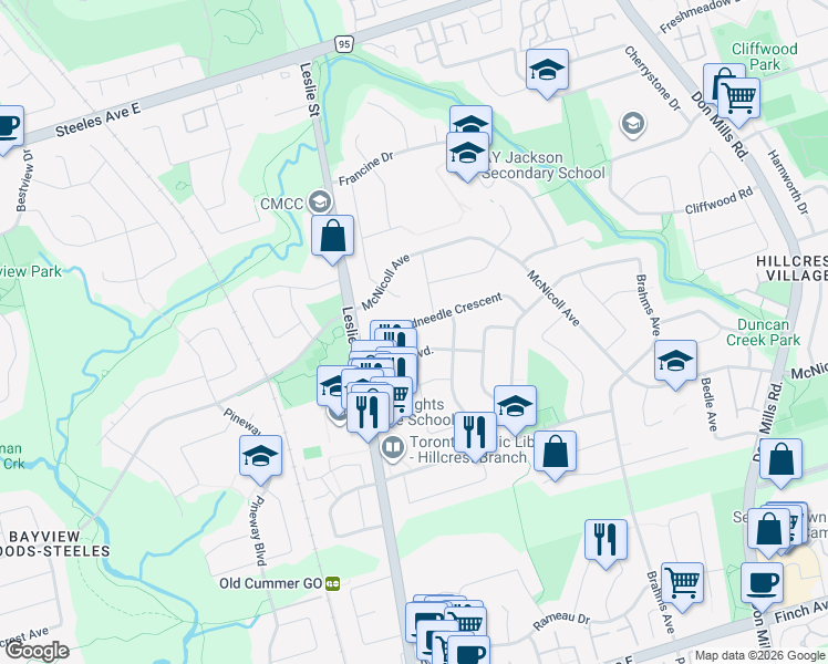 map of restaurants, bars, coffee shops, grocery stores, and more near 29 Threadneedle Crescent in Toronto