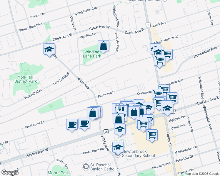map of restaurants, bars, coffee shops, grocery stores, and more near 16 Silverpine Avenue in Vaughan