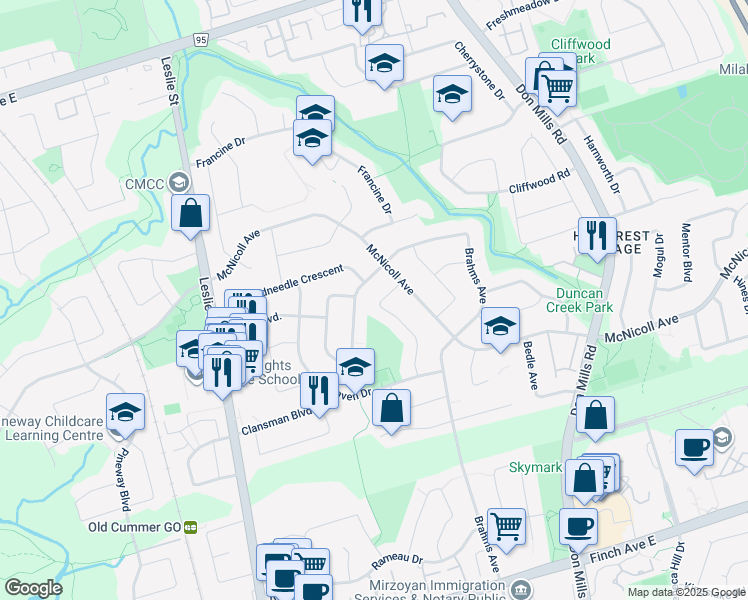 map of restaurants, bars, coffee shops, grocery stores, and more near 40 Resolution Crescent in Toronto