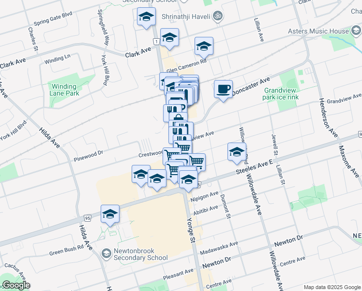 map of restaurants, bars, coffee shops, grocery stores, and more near 1 Grandview Avenue in Markham
