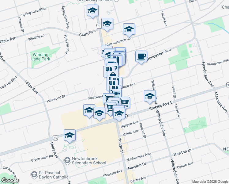 map of restaurants, bars, coffee shops, grocery stores, and more near 1 Grandview Avenue in Markham
