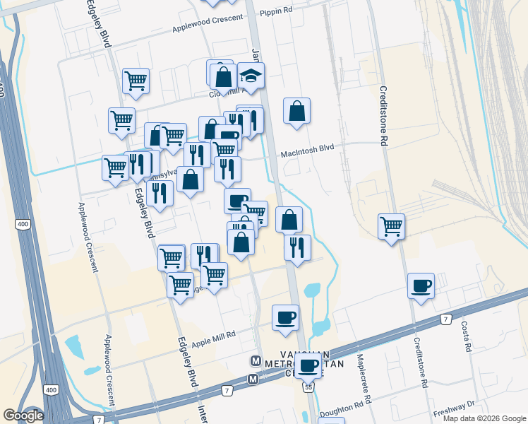 map of restaurants, bars, coffee shops, grocery stores, and more near 8000 Jane Street in Vaughan