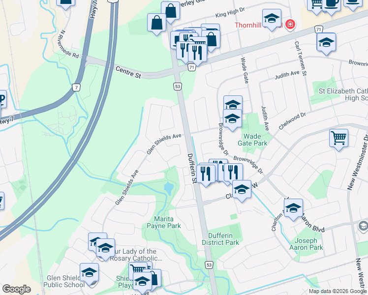 map of restaurants, bars, coffee shops, grocery stores, and more near in Vaughan