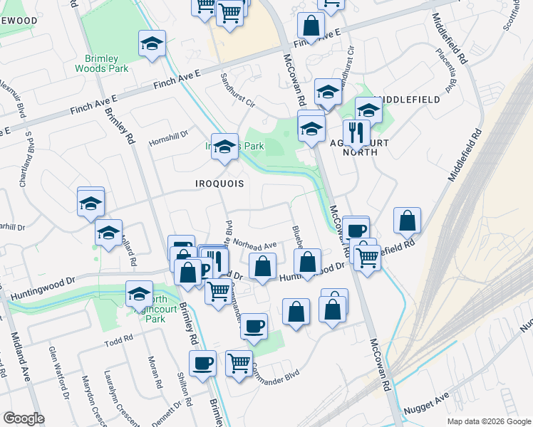 map of restaurants, bars, coffee shops, grocery stores, and more near 60 Blueberry Drive in Toronto