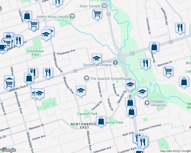 map of restaurants, bars, coffee shops, grocery stores, and more near 724 Conacher Drive in Toronto