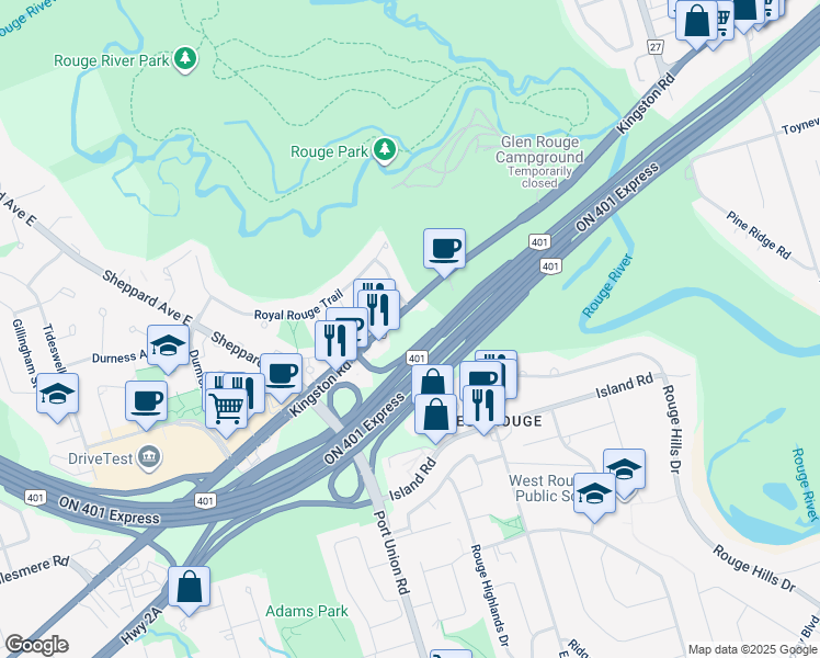map of restaurants, bars, coffee shops, grocery stores, and more near in Toronto
