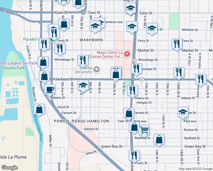 map of restaurants, bars, coffee shops, grocery stores, and more near 928 Jackson Street in La Crosse
