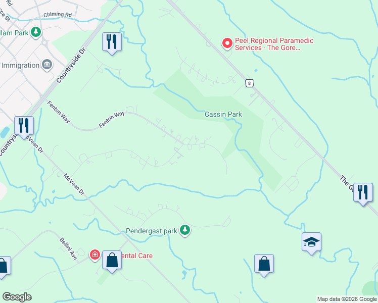 map of restaurants, bars, coffee shops, grocery stores, and more near 32 Fenton Way in Brampton