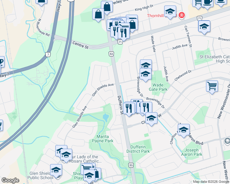 map of restaurants, bars, coffee shops, grocery stores, and more near 59 Marita Place in Vaughan