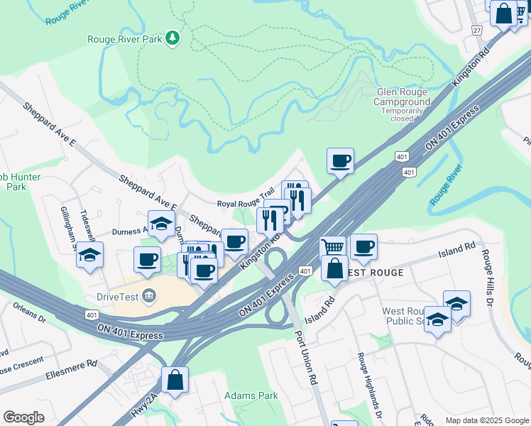 map of restaurants, bars, coffee shops, grocery stores, and more near 11 Calibre Court in Toronto
