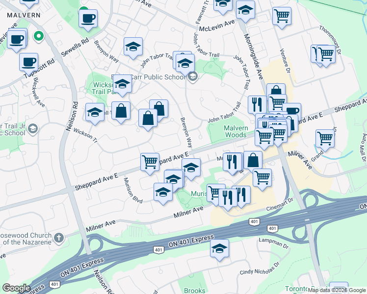 map of restaurants, bars, coffee shops, grocery stores, and more near in Toronto