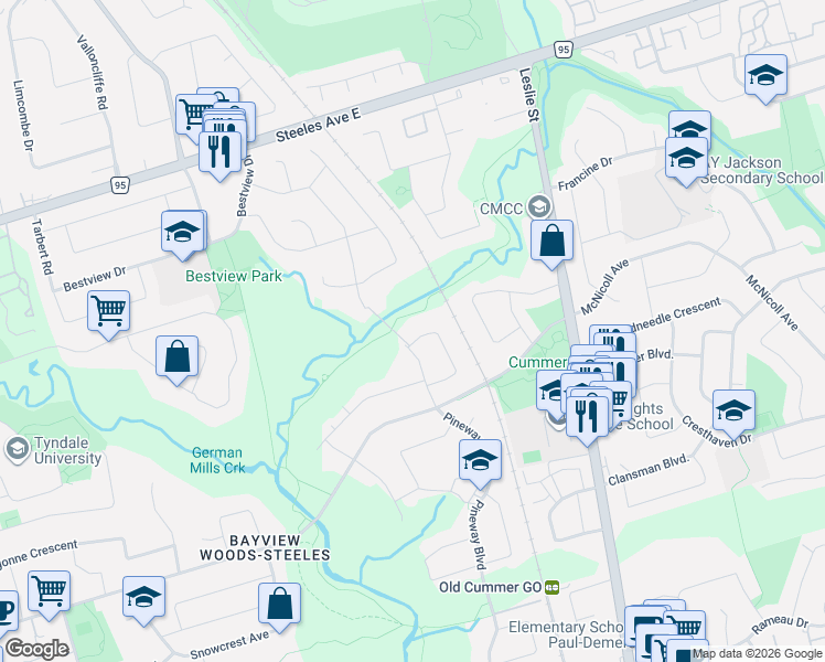 map of restaurants, bars, coffee shops, grocery stores, and more near 79 Yatesbury Road in Toronto