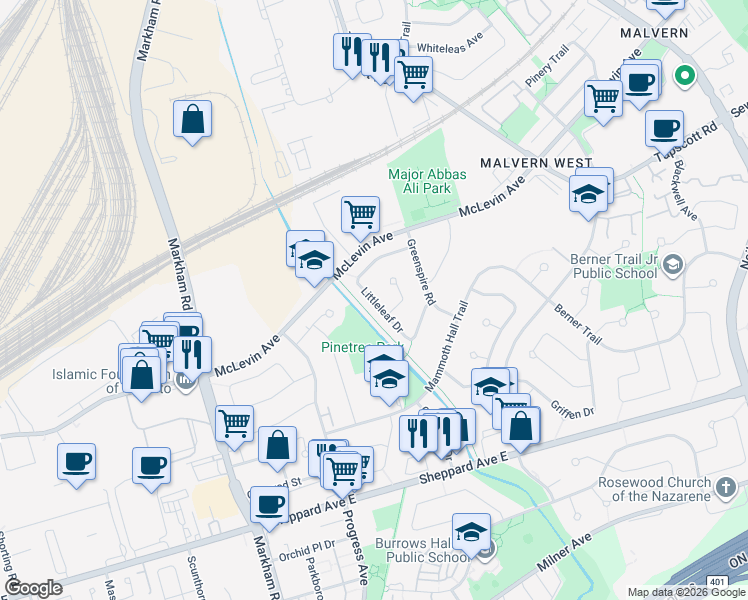 map of restaurants, bars, coffee shops, grocery stores, and more near 55 Littleleaf Drive in Toronto