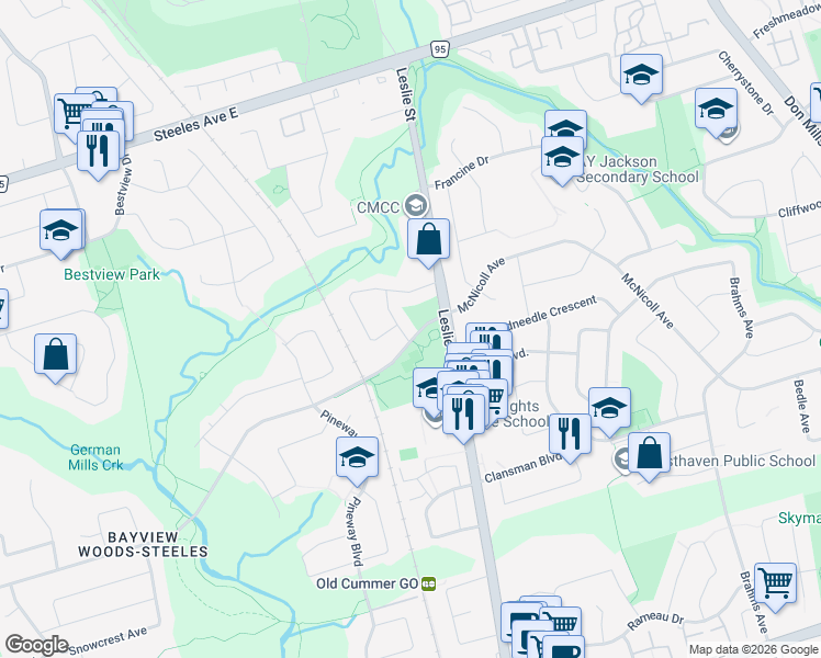map of restaurants, bars, coffee shops, grocery stores, and more near 836 Cummer Avenue in Toronto