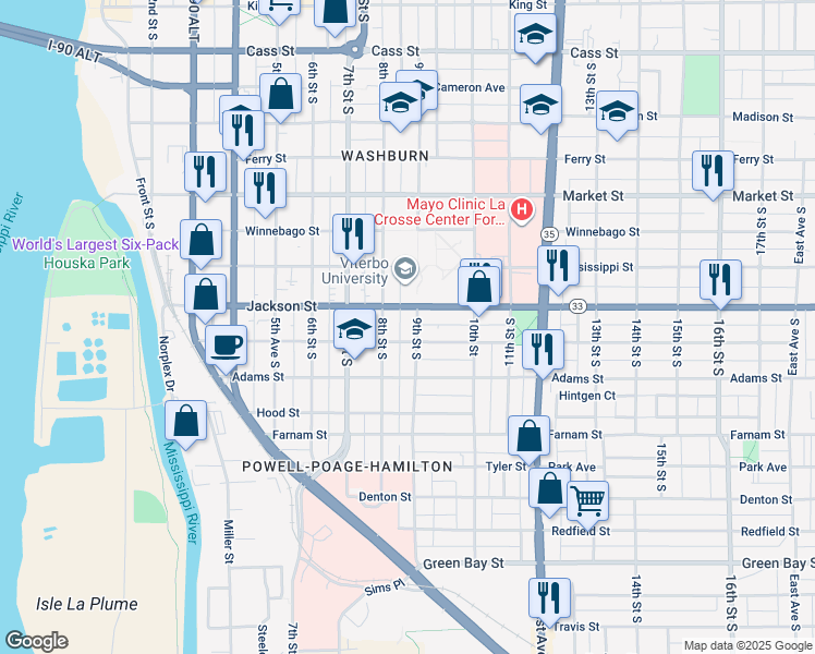 map of restaurants, bars, coffee shops, grocery stores, and more near 1002 9th Street South in La Crosse