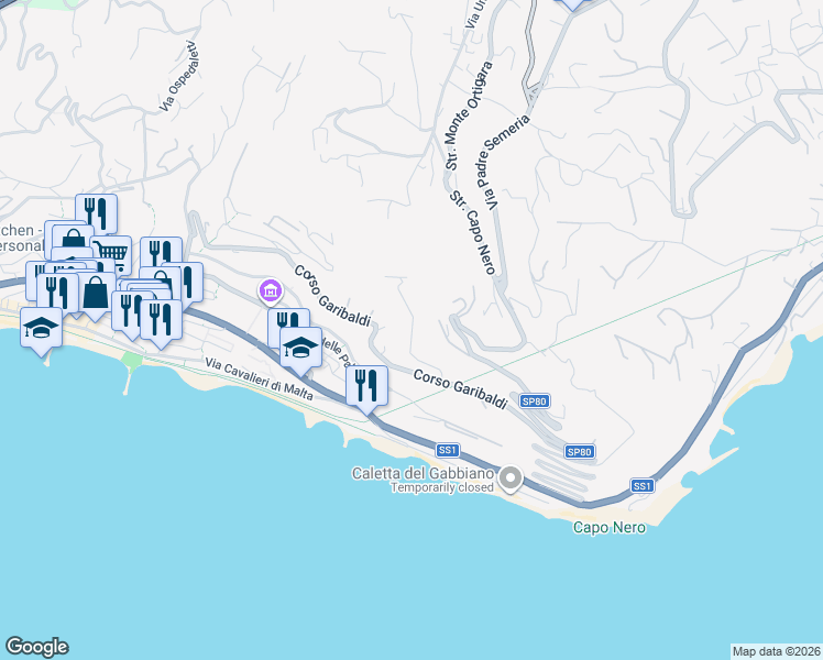 map of restaurants, bars, coffee shops, grocery stores, and more near 20 Via degli Anemoni in Ospedaletti