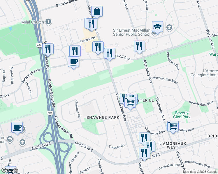 map of restaurants, bars, coffee shops, grocery stores, and more near 289 Apache Trail in Toronto
