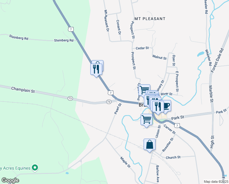 map of restaurants, bars, coffee shops, grocery stores, and more near 11 Grove Street in Brandon