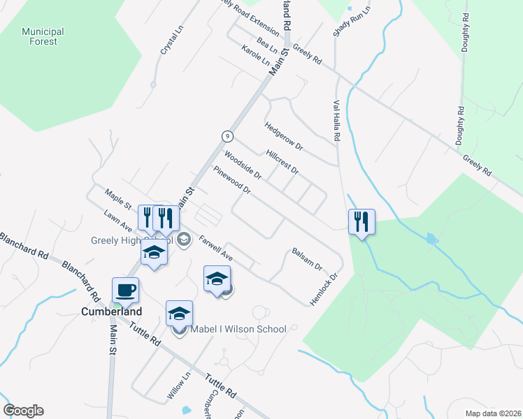 map of restaurants, bars, coffee shops, grocery stores, and more near 18 Pinewood Drive in Cumberland