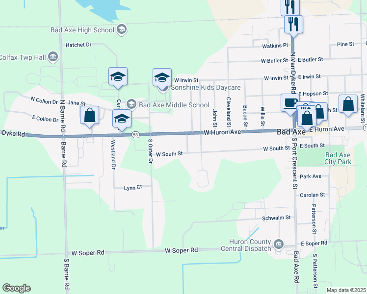 map of restaurants, bars, coffee shops, grocery stores, and more near 125 Gratton Street in Bad Axe