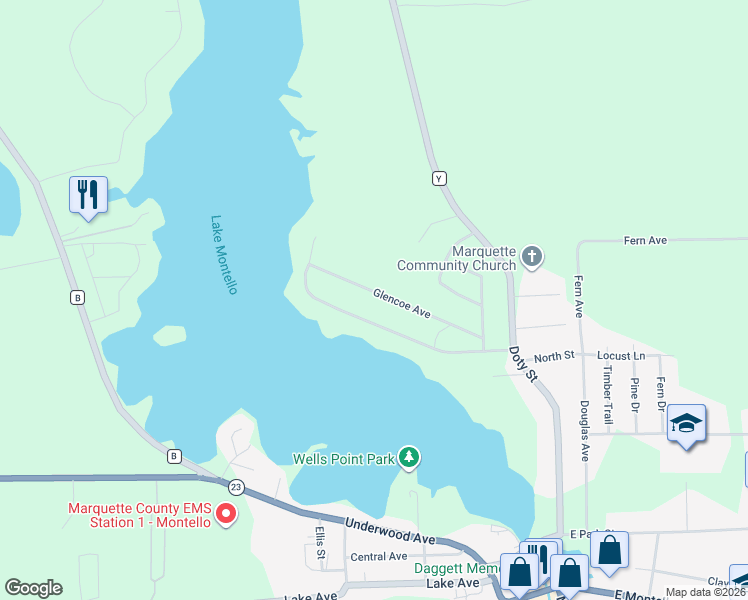 map of restaurants, bars, coffee shops, grocery stores, and more near W3523 Glencoe Avenue in Montello