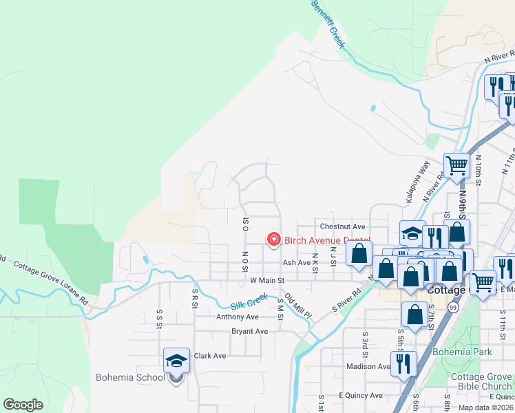 map of restaurants, bars, coffee shops, grocery stores, and more near 594 North O Street in Cottage Grove