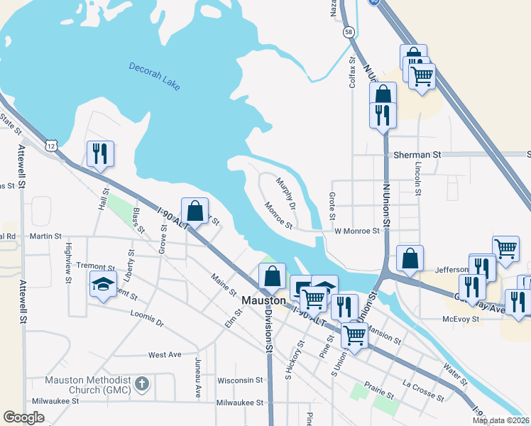 map of restaurants, bars, coffee shops, grocery stores, and more near 113 West Monroe Street in Mauston