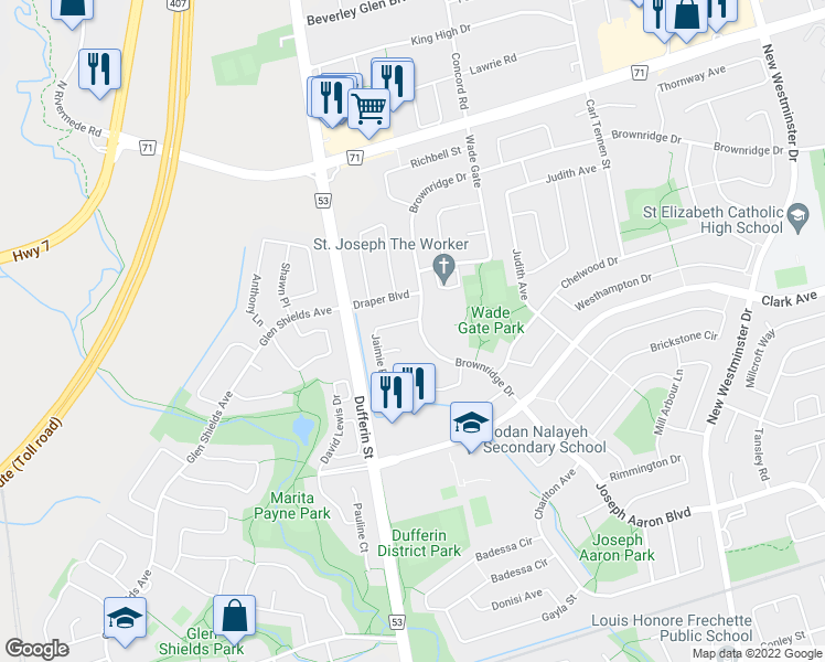 map of restaurants, bars, coffee shops, grocery stores, and more near 472 Brownridge Drive in Vaughan