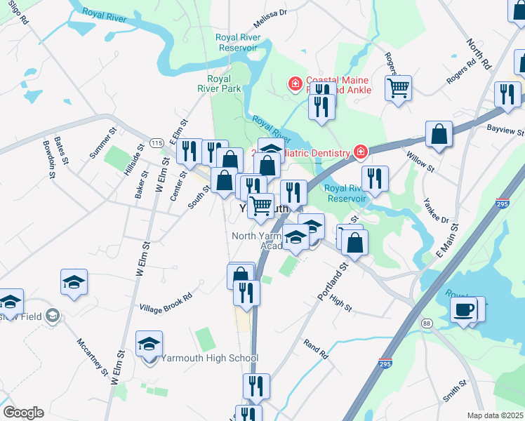 map of restaurants, bars, coffee shops, grocery stores, and more near 3 Cleaves Street in Yarmouth