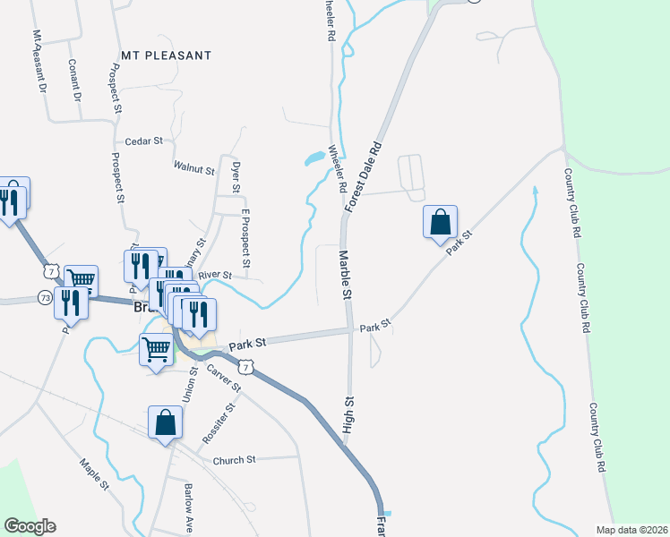 map of restaurants, bars, coffee shops, grocery stores, and more near 26 Marble Street in Brandon