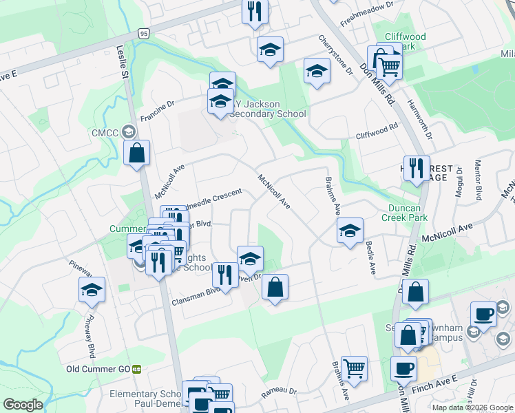 map of restaurants, bars, coffee shops, grocery stores, and more near 93 Clansman Boulevard in Toronto