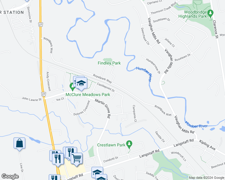 map of restaurants, bars, coffee shops, grocery stores, and more near Castlepoint Drive in Vaughan