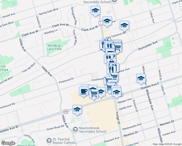 map of restaurants, bars, coffee shops, grocery stores, and more near 0 Pinewood Drive in Vaughan