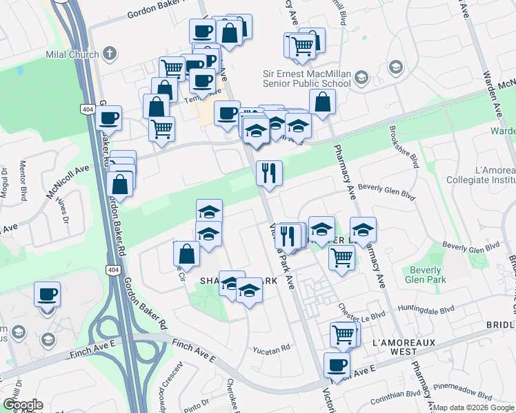 map of restaurants, bars, coffee shops, grocery stores, and more near 289 Apache Trail in Toronto