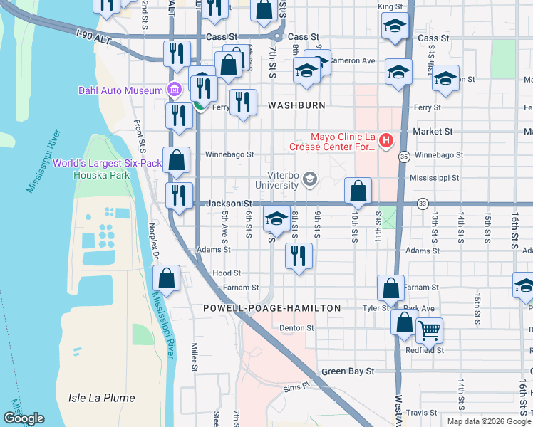 map of restaurants, bars, coffee shops, grocery stores, and more near 618 Jackson Street in La Crosse