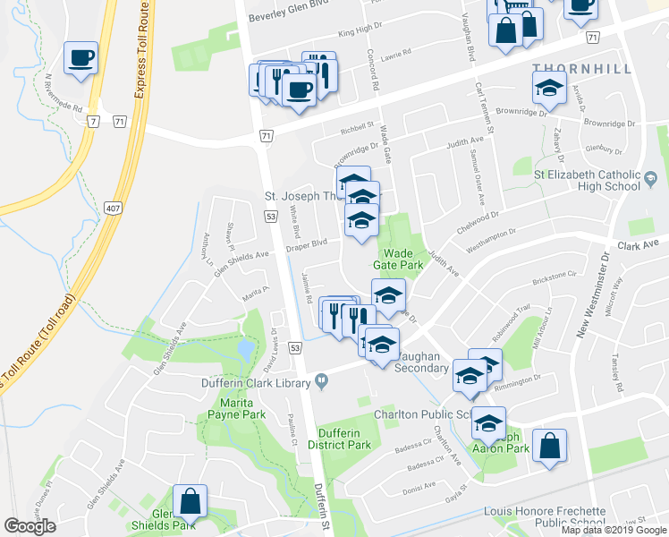 map of restaurants, bars, coffee shops, grocery stores, and more near 470 Brownridge Drive in Vaughan