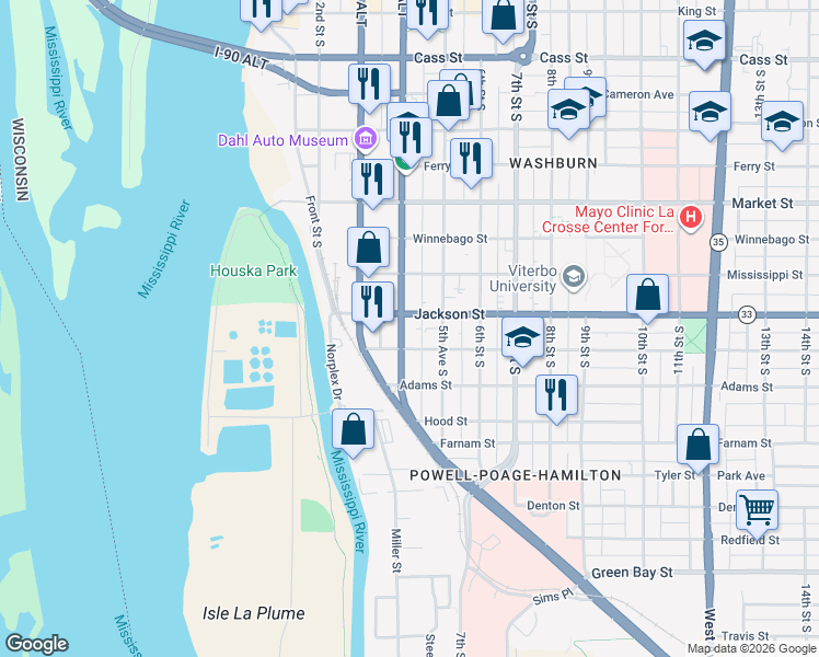 map of restaurants, bars, coffee shops, grocery stores, and more near 1211 4th Street South in La Crosse