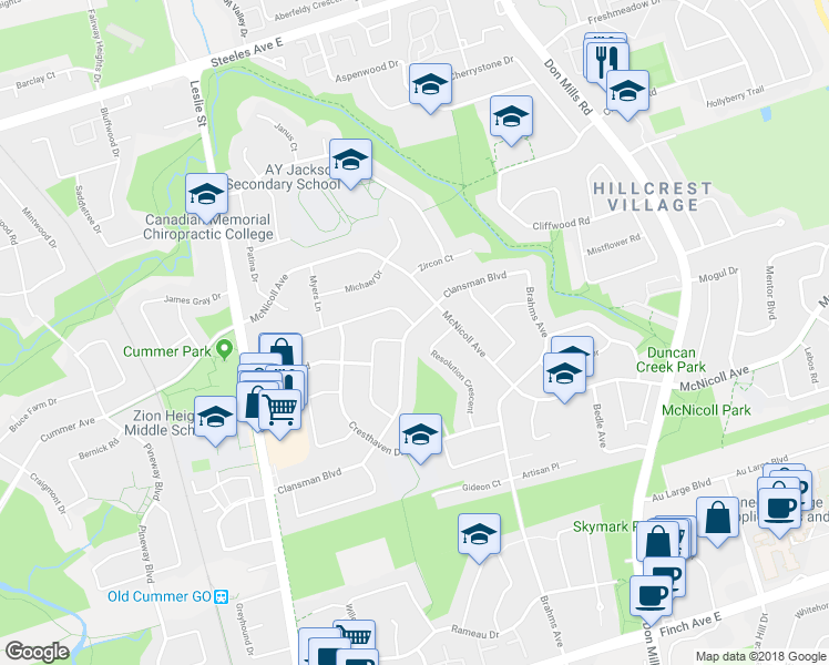 map of restaurants, bars, coffee shops, grocery stores, and more near 93 Clansman Boulevard in Toronto